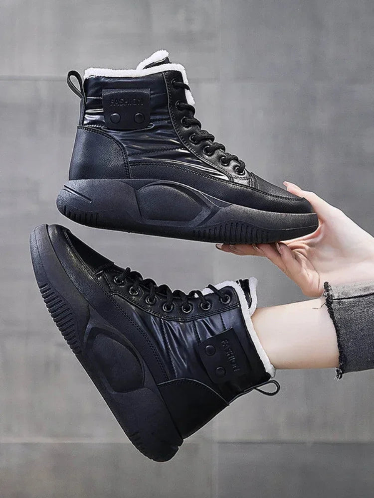 Snow Boots Women Non-slip Sneakers Winter Warm Fashion Lace Up Round Toe Thick Sole Plush Sport Cotton Shoes Short Boots 