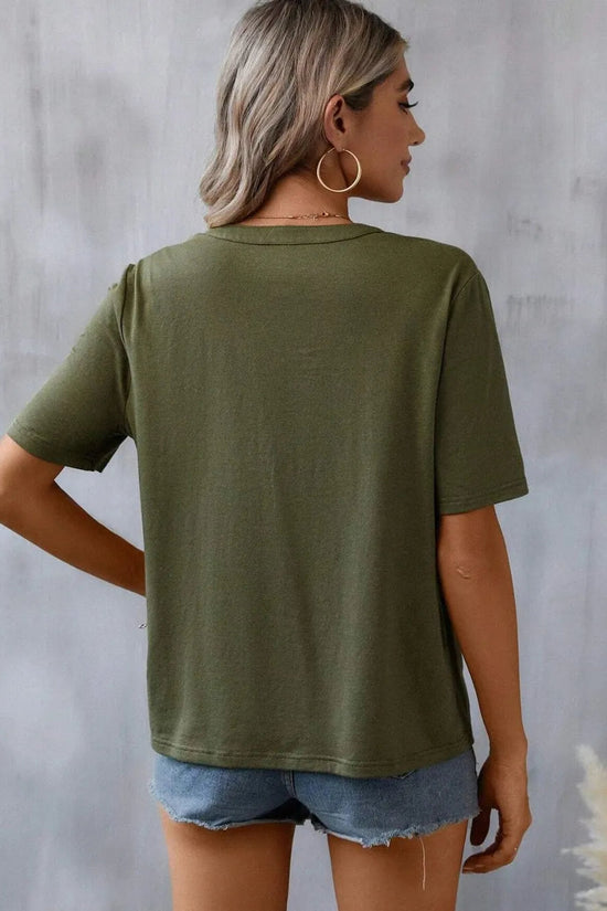 Embroidered Notched Short Sleeve T-Shirt 