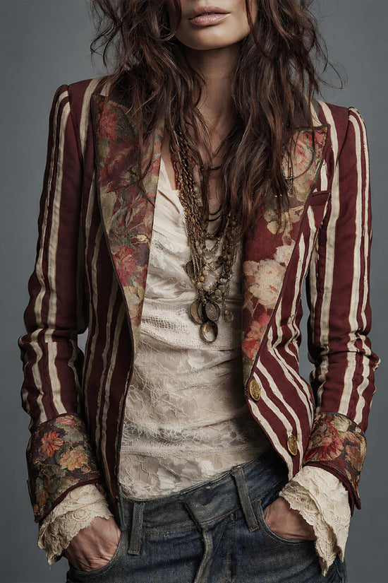 Women's Bohemian Color-Block Striped Blazer 