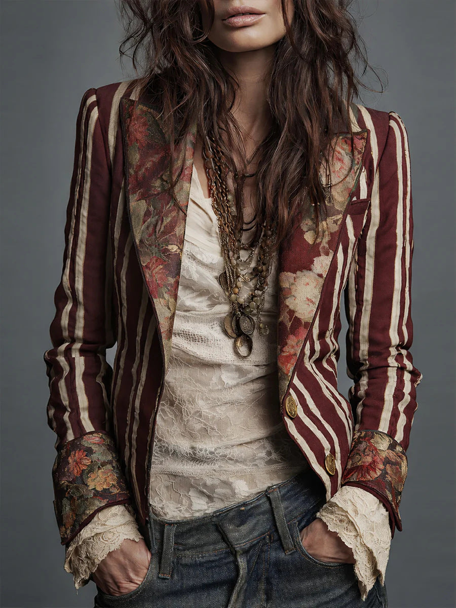 Women's Bohemian Color-Block Striped Blazer 