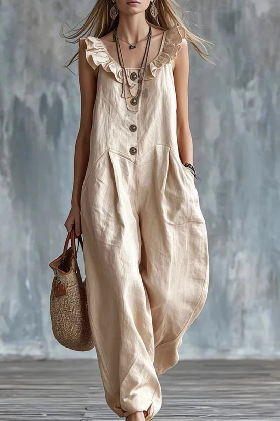 Womens Solid-Colored Sleeveless Button-Down Jumpsuit 