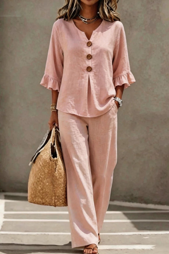 Womens V-neck Ruffle Three-Quarter Sleeve Top And Pants Two-Piece Set 