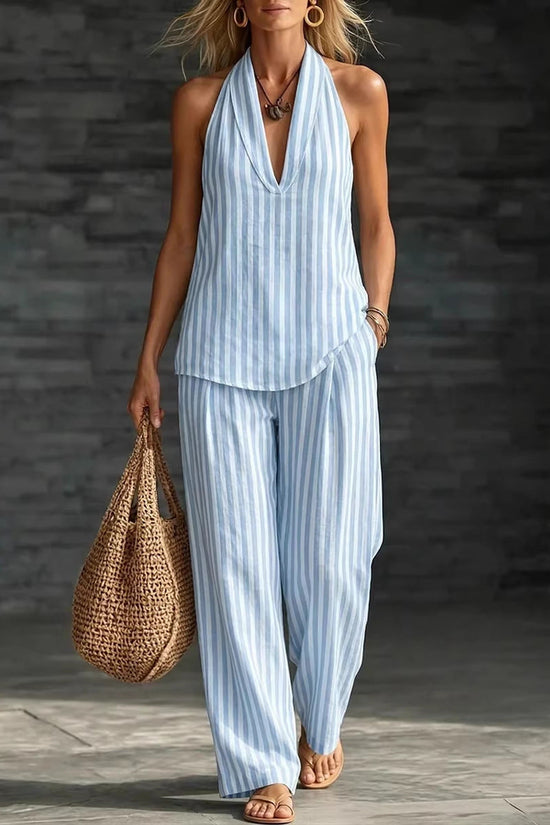 Striped Wide-leg Pants Womens Fashionable Two-piece Set 