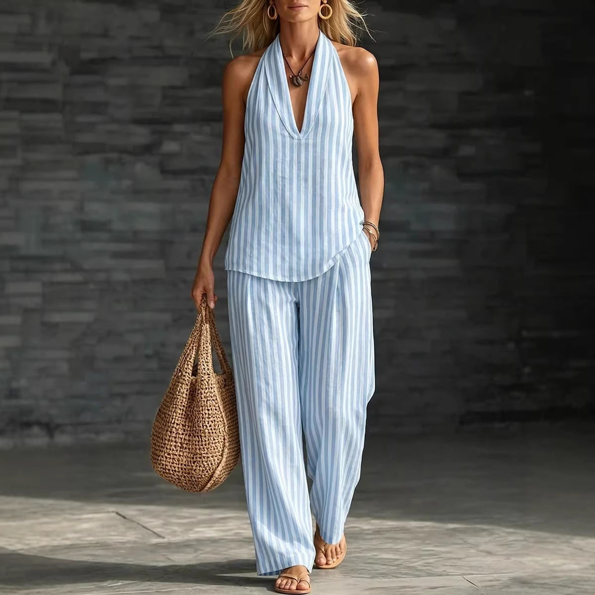 Striped Wide-leg Pants Womens Fashionable Two-piece Set 
