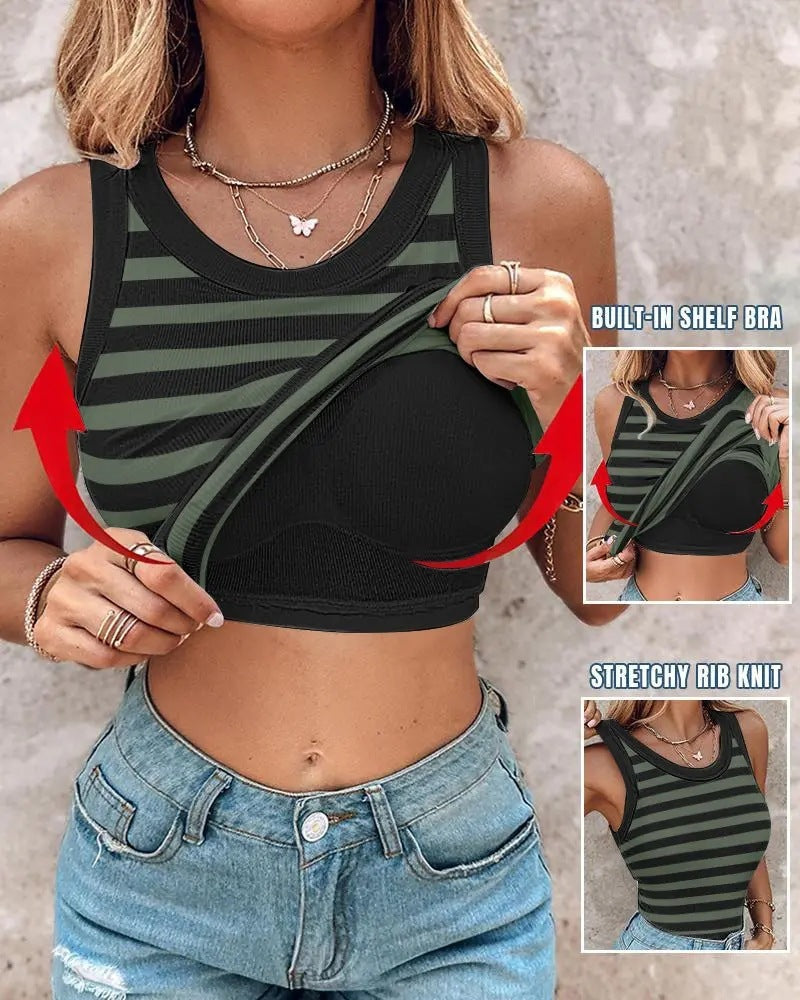 Women's Slim Striped Vest with Bralette – Chic Sleeveless Tank Top FitiqueFit
