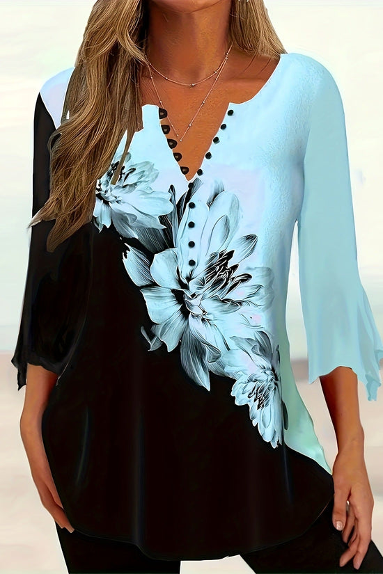 Women’s Printed Spike Button Three-Quarter Sleeve Casual Top 