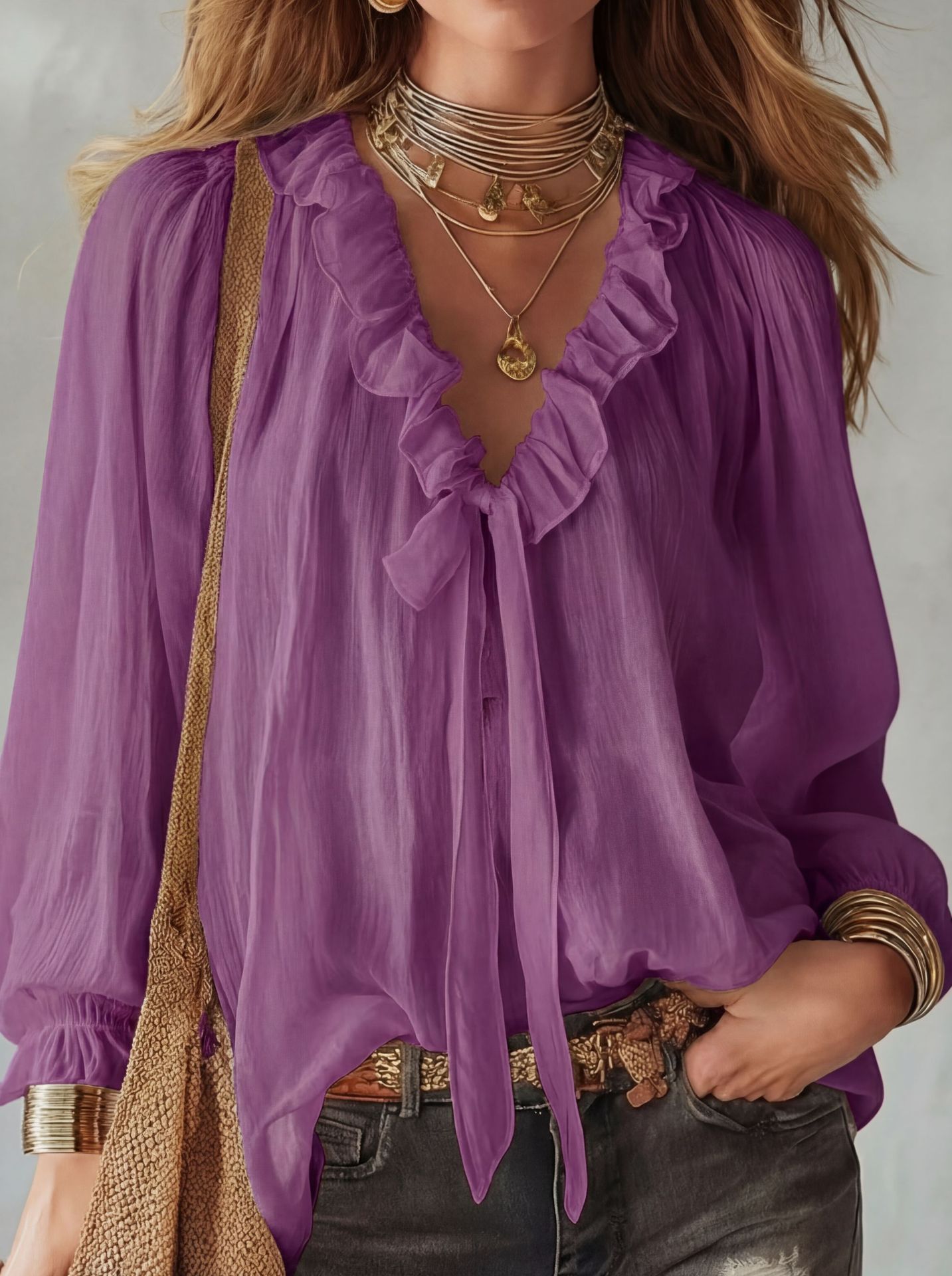 Fashionable V-neck Loose-fit Shirt Top 