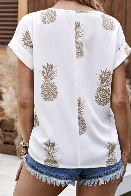 Women's Round Neck Pineapple Print Roll Sleeve Top CJ US