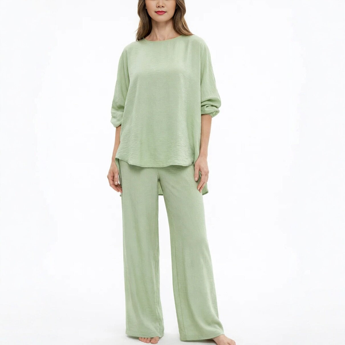 Solid color loose casual suit wide leg pants two-piece set 