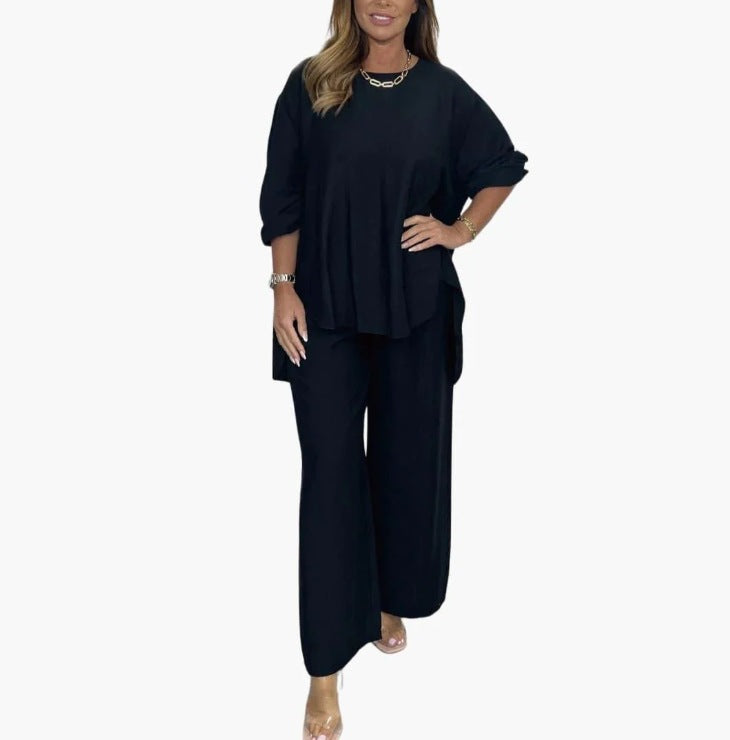 Solid color loose casual suit wide leg pants two-piece set 