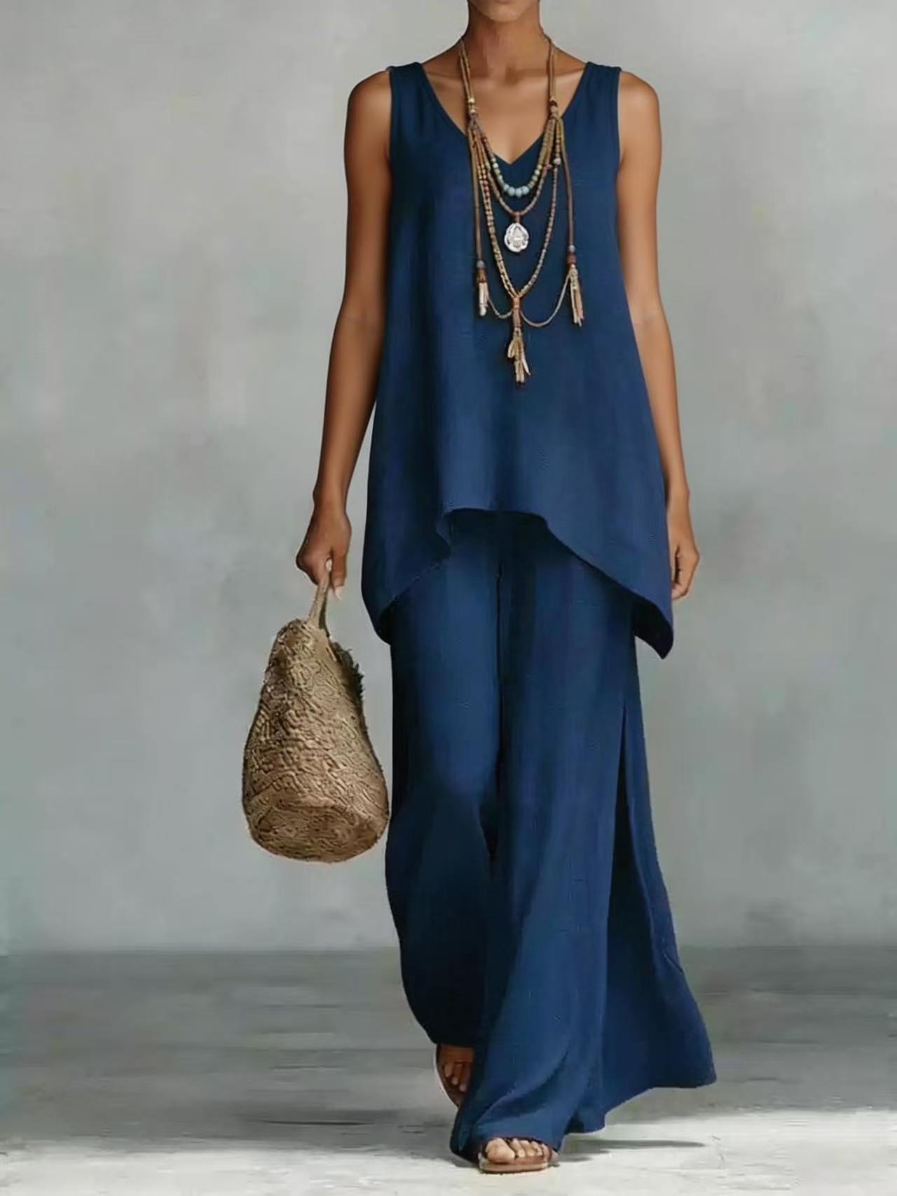 New Casual Bohemian-style Wide-leg Pants And V-neck Vest Set 