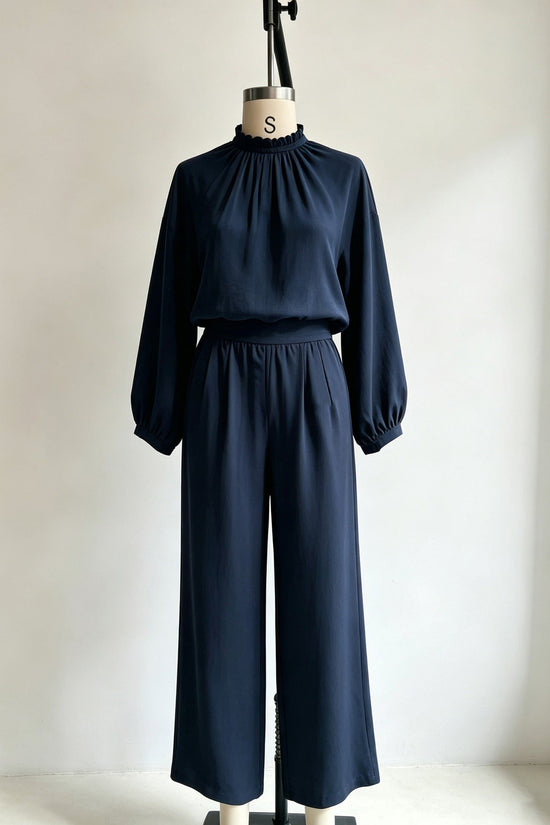 Casual Solid Color Long Sleeve Stand-up Collar Loose Fit Women's Fashion Set BlouseWide-leg Pants 