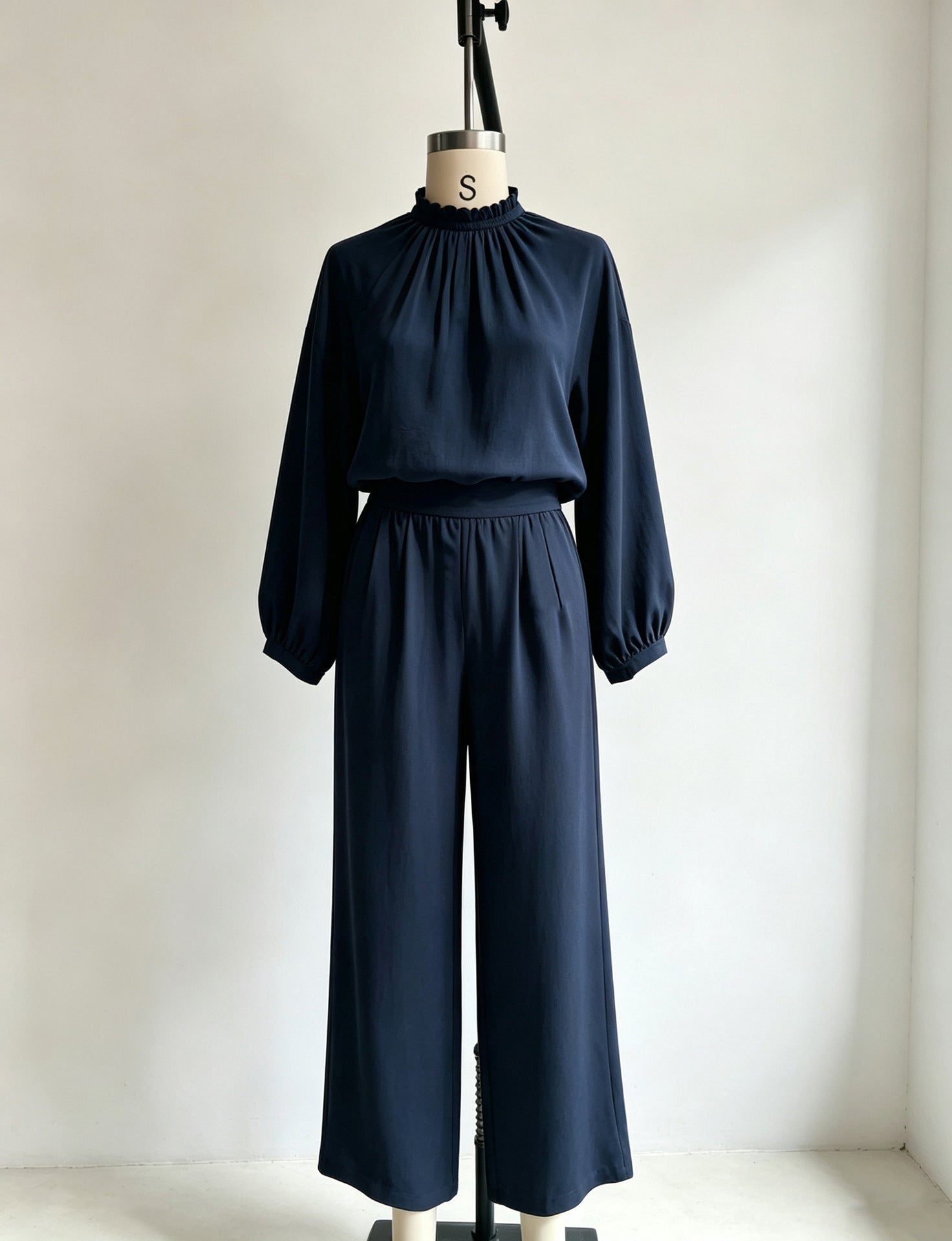 Casual Solid Color Long Sleeve Stand-up Collar Loose Fit Women's Fashion Set BlouseWide-leg Pants 