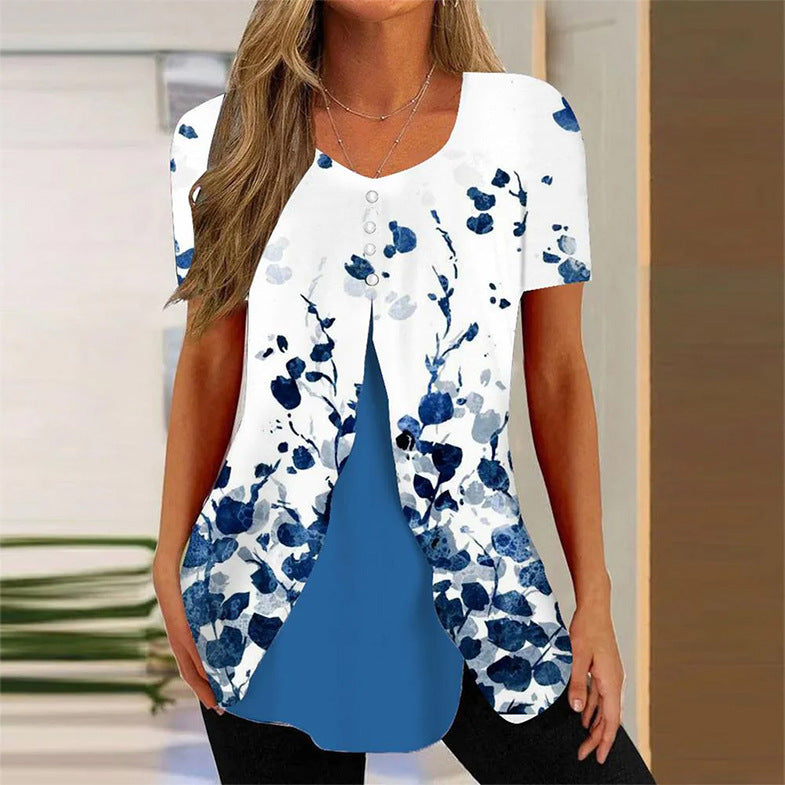 Summer New Short-sleeved Printed Fake Two-piece T-shirt V-neck Fashion Spike Top 