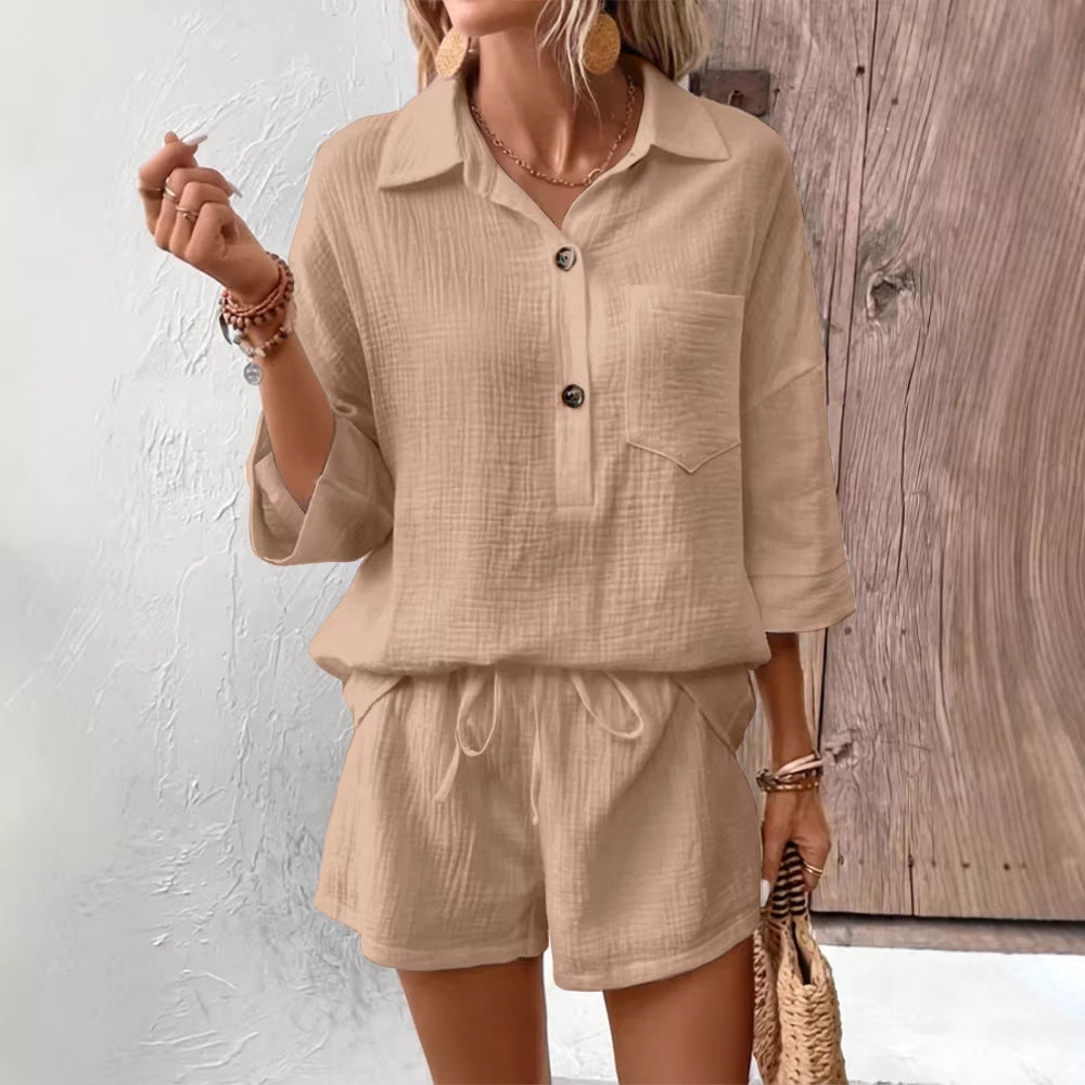 Casual Double-Panel Shirt With Lapel Collar Casual Two-Piece Set 