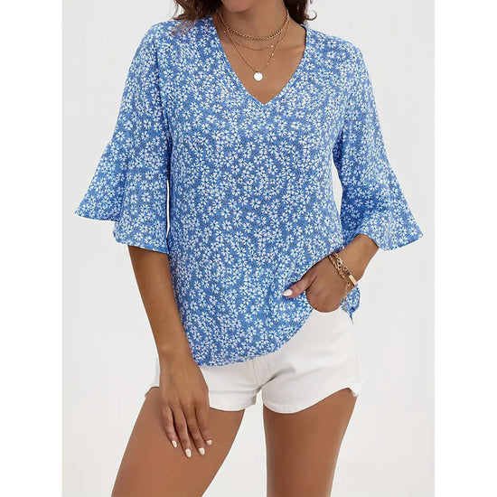 Womens Summer Floral Print Blouses V-Neck Flare Sleeve Tops CJ US