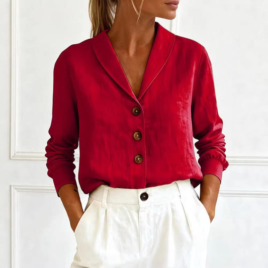 Fashionable Cotton-Linen Long-Sleeve Peter Pan Collar Button-Up Shirt 