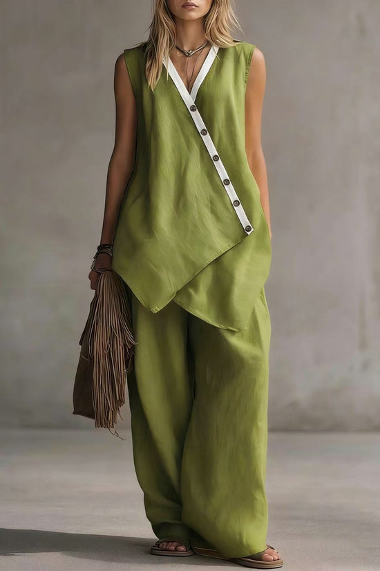 Bohemian Solid-Colored V-Neck Irregular-Button Vest And Wide-Leg Pants Set 