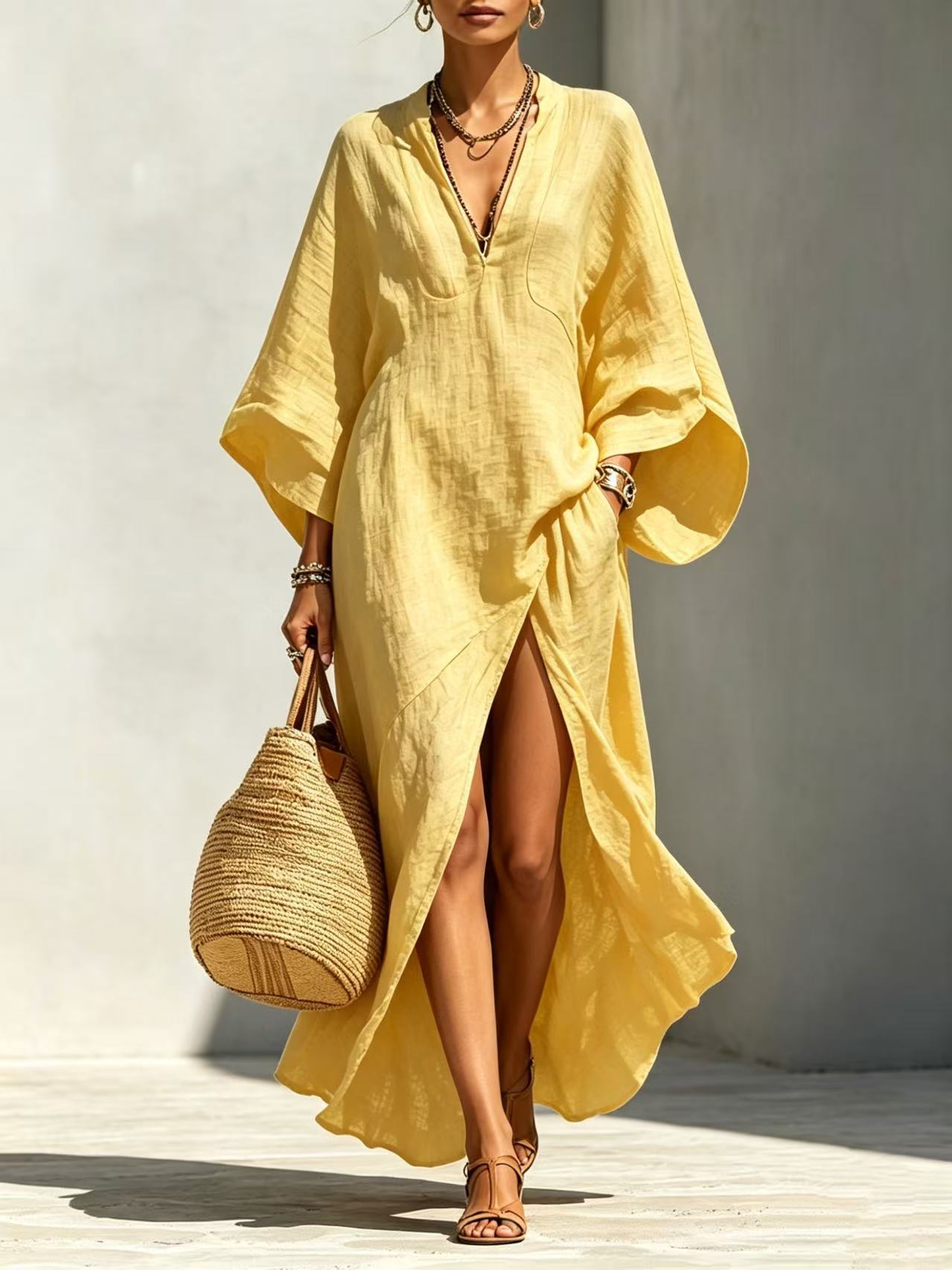 Batwing-sleeve Loose-fitting Maxi-length Resort Dress 