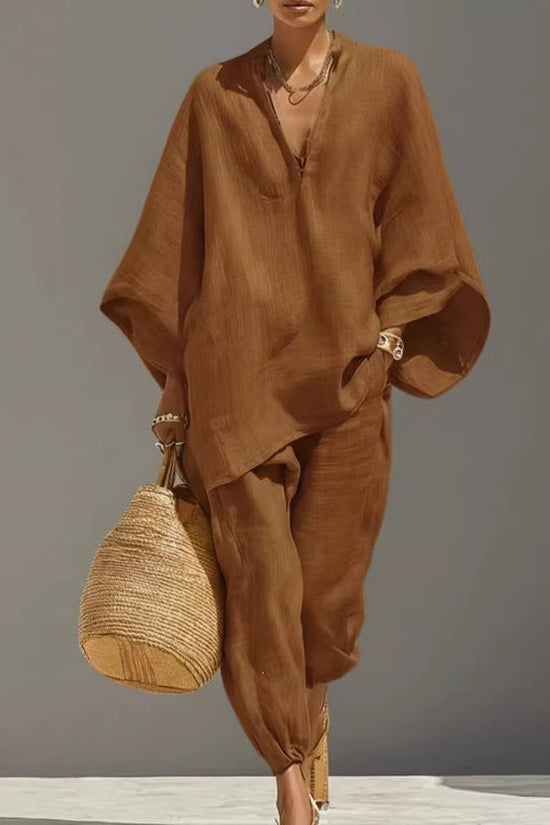 Casual Relaxed Loose-Fitting Solid-Color Shirt Set 