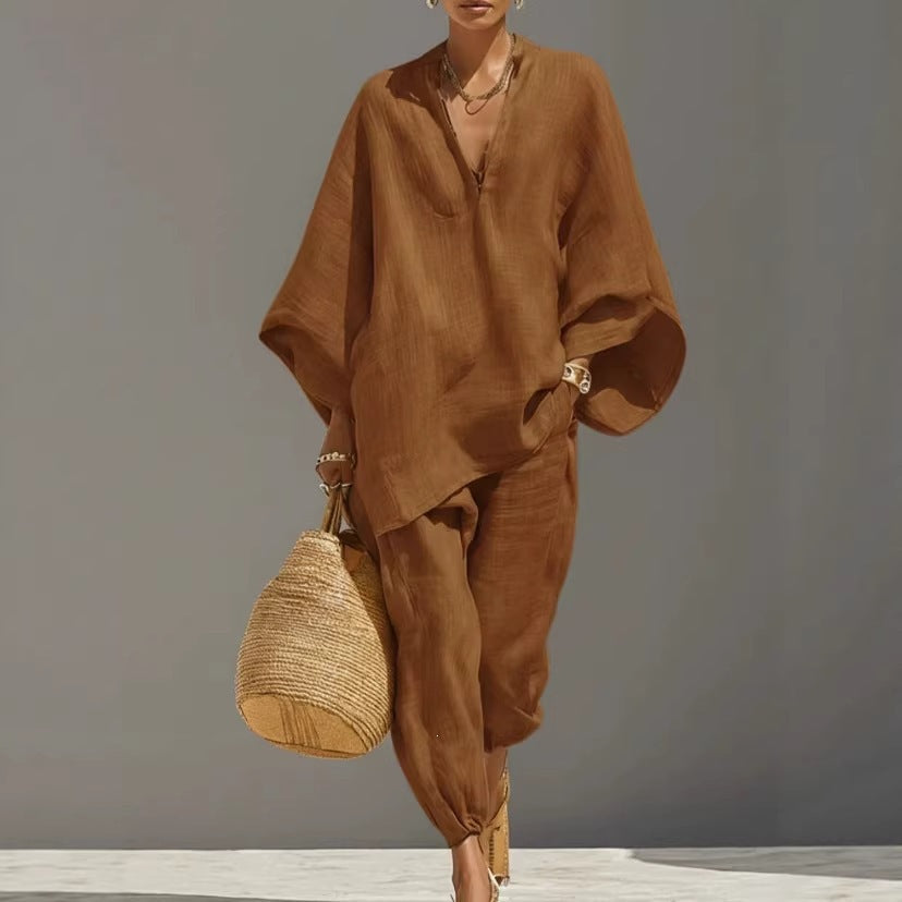 Casual Relaxed Loose-Fitting Solid-Color Shirt Set 
