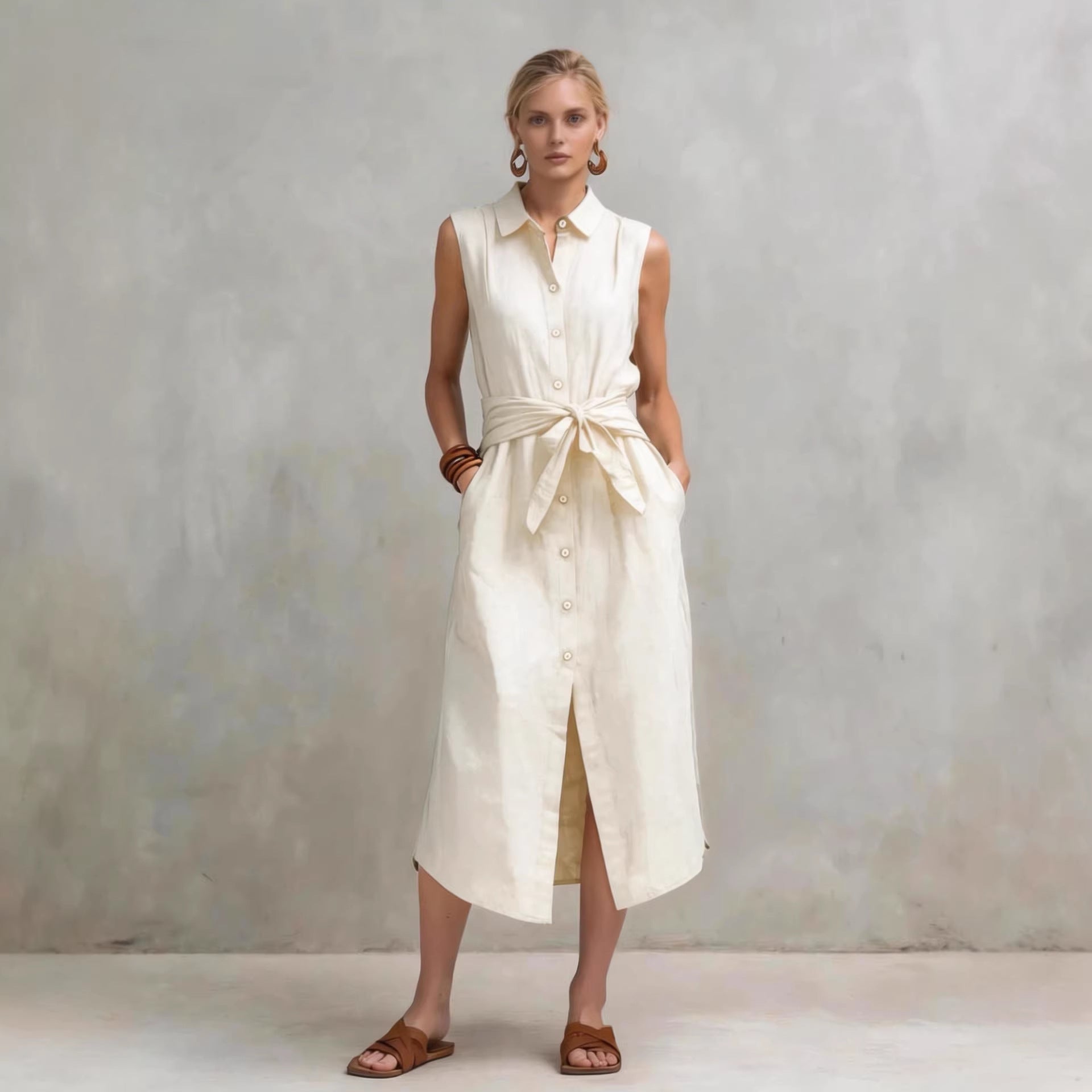 Casual Cotton-Linen Bag-Style Solid-Colored Sleeveless Dress 