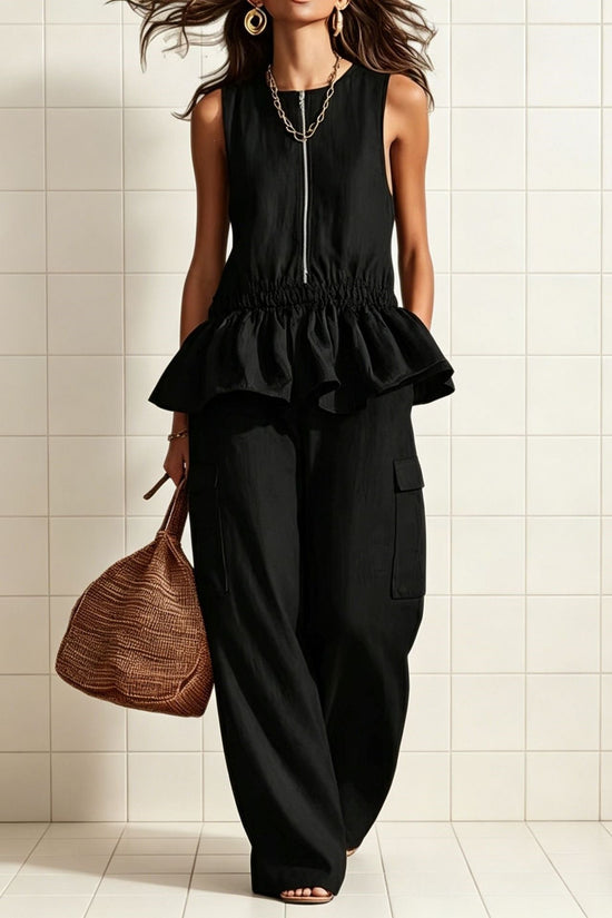 Sleeveless pleated vest wide leg pants set 
