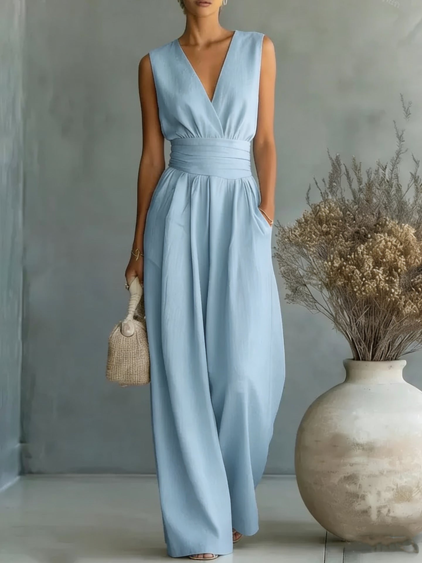 Womens Elegant Sleeveless Waist-Cinching V-Neck Sophisticated Jumpsuit 