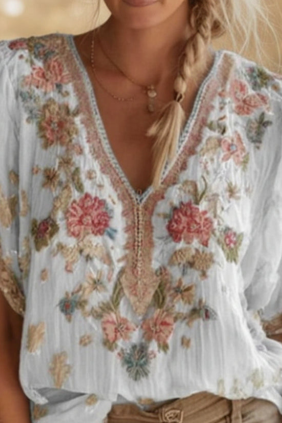 V-neck Elegant Artistic Retro-Style Short-Sleeve Womens Top 