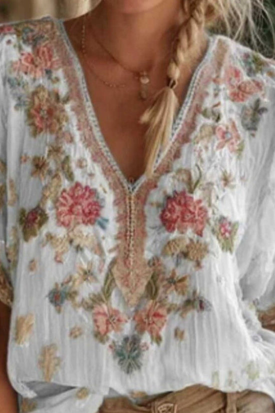 V-neck Elegant Artistic Retro-Style Short-Sleeve Womens Top 