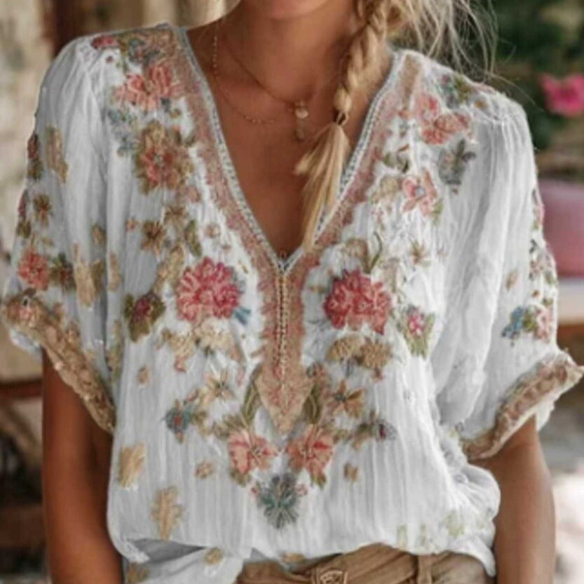 V-neck Elegant Artistic Retro-Style Short-Sleeve Womens Top 