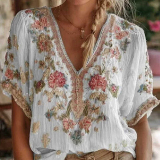 V-neck Elegant Artistic Retro-Style Short-Sleeve Womens Top 