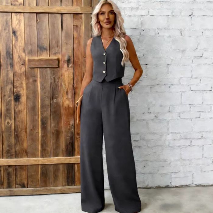 Womens Fashion Plus-Size Buttoned Vest Set 