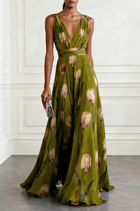 Tulip Print Evening Dress for Women Sleeveless V-Neck Long Dress 