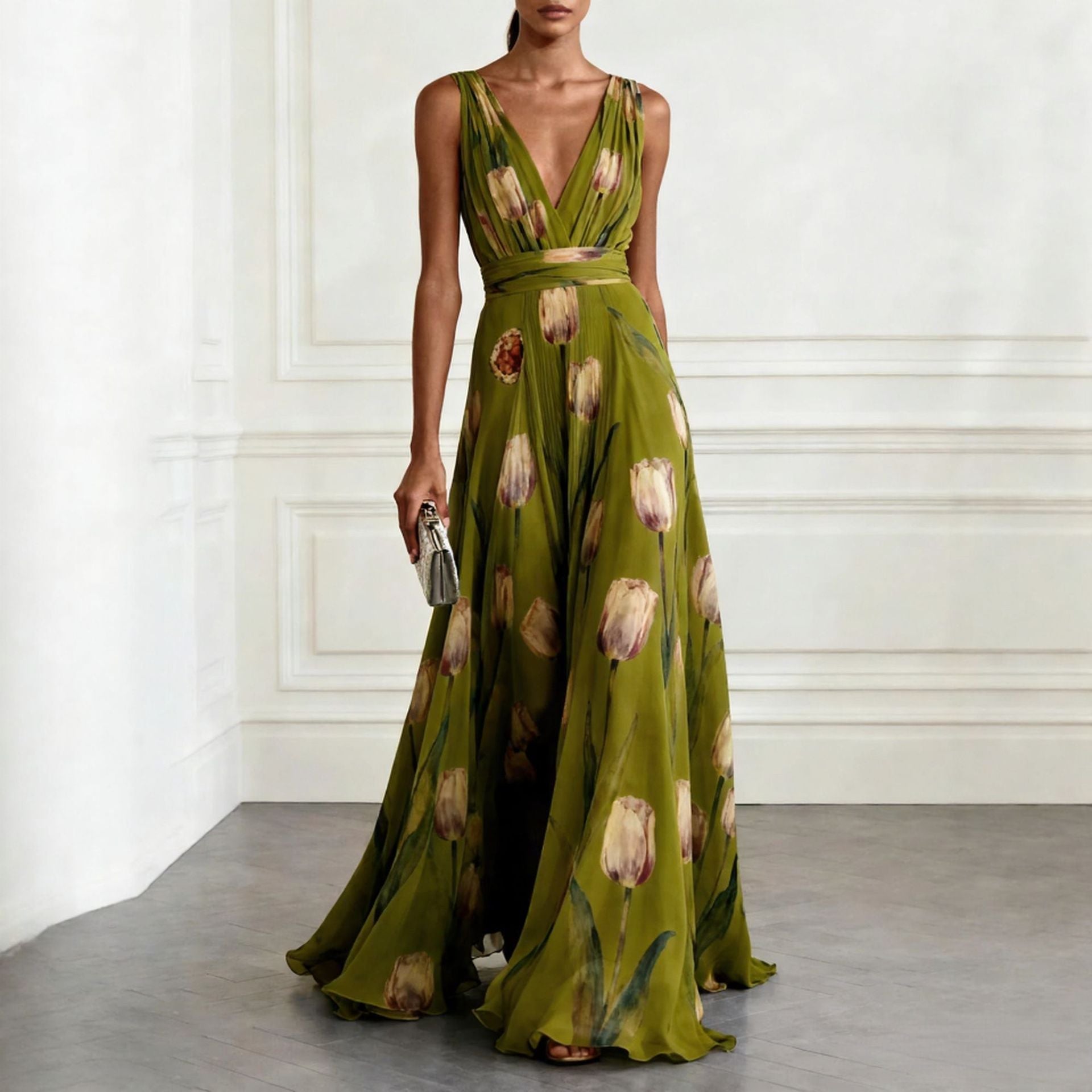 Tulip Print Evening Dress for Women Sleeveless V-Neck Long Dress 