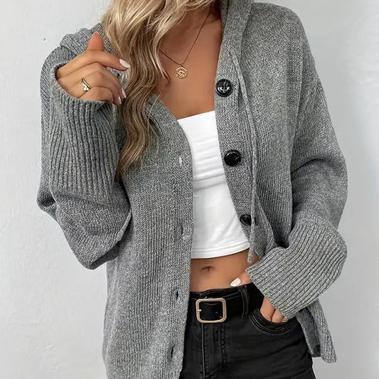 Solid color hooded single breasted sweater for women 