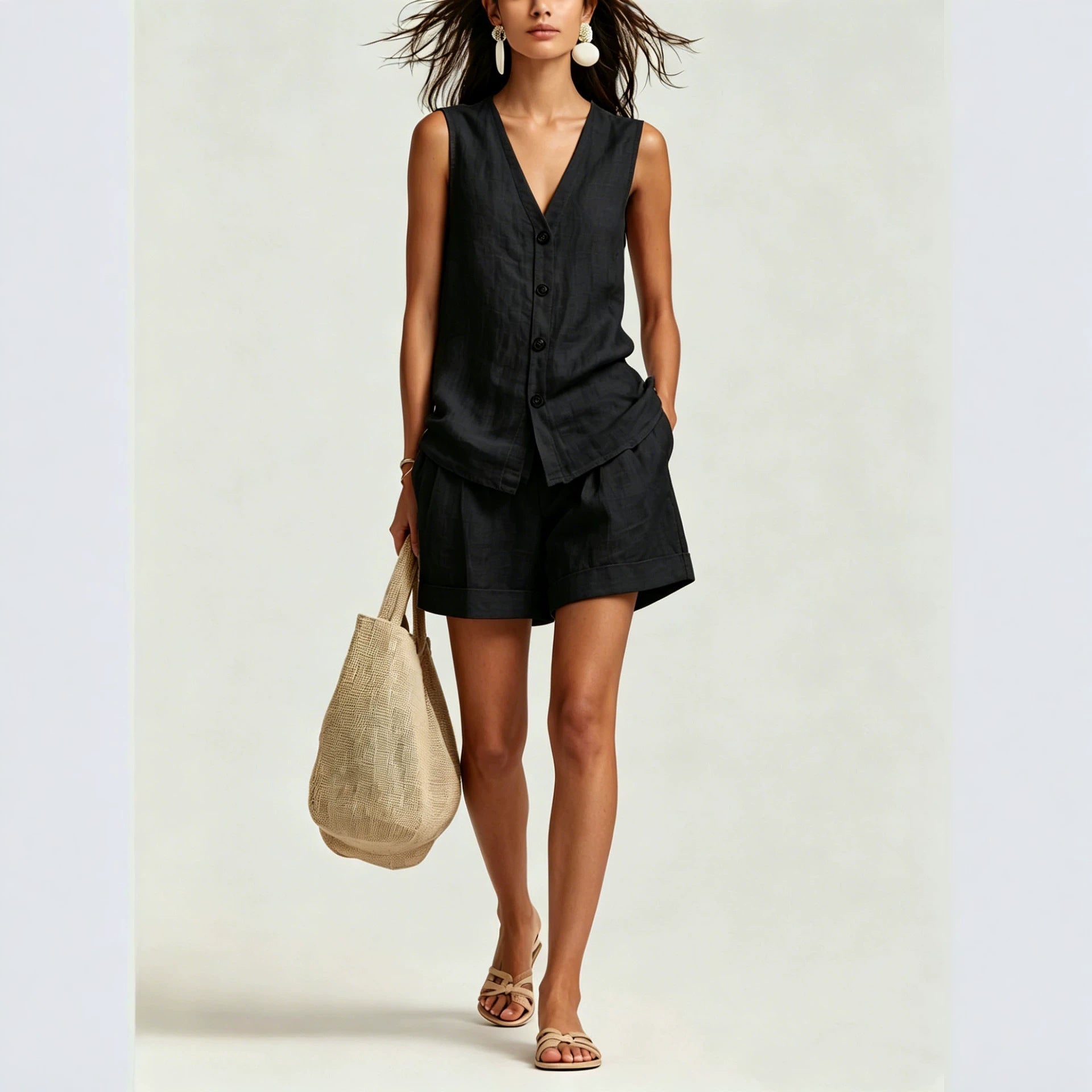Women's Casual Sleeveless Vest And Shorts Set 