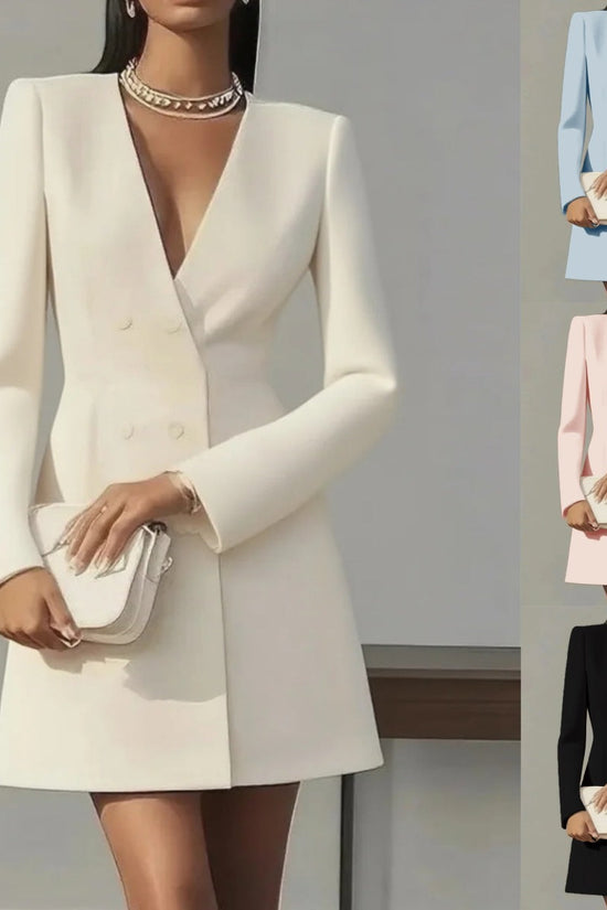 Women's Solid Color Deep V-Neck Dress Button Front A-Line Midi Dress For Formal Occasions CJ US