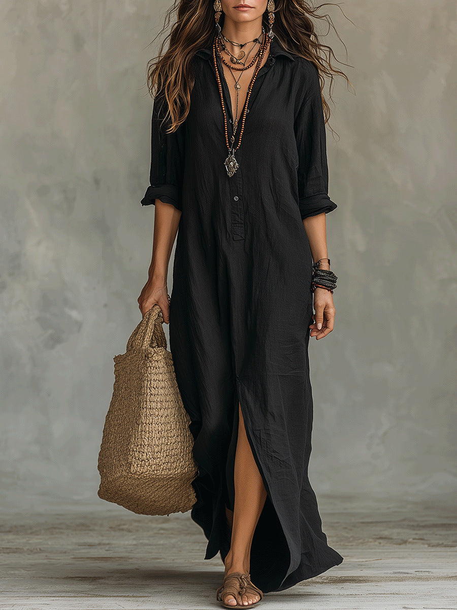 Spring Summer Solid Color Notch Lapel Front Slit Long Dress Casual Shirt Dress Lazy Style 