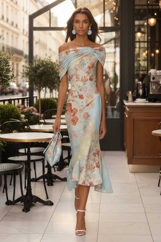 Digital Print Off-Shoulder Short Sleeve Floral Elegant Long Dress 