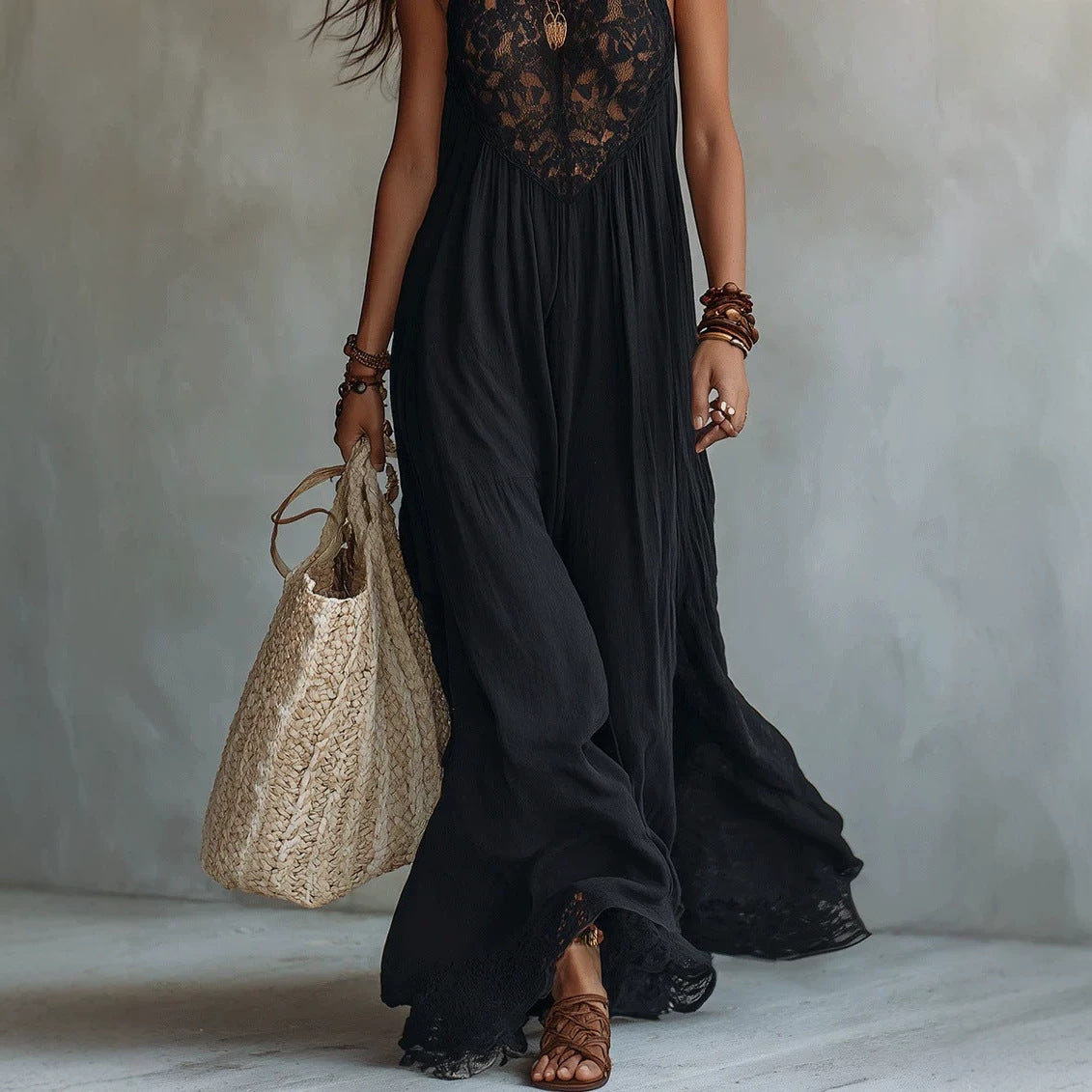 Style Black Lace Trim Sleeveless Long Dress Loose Vacation Style Maxi Dress Lace Dress 