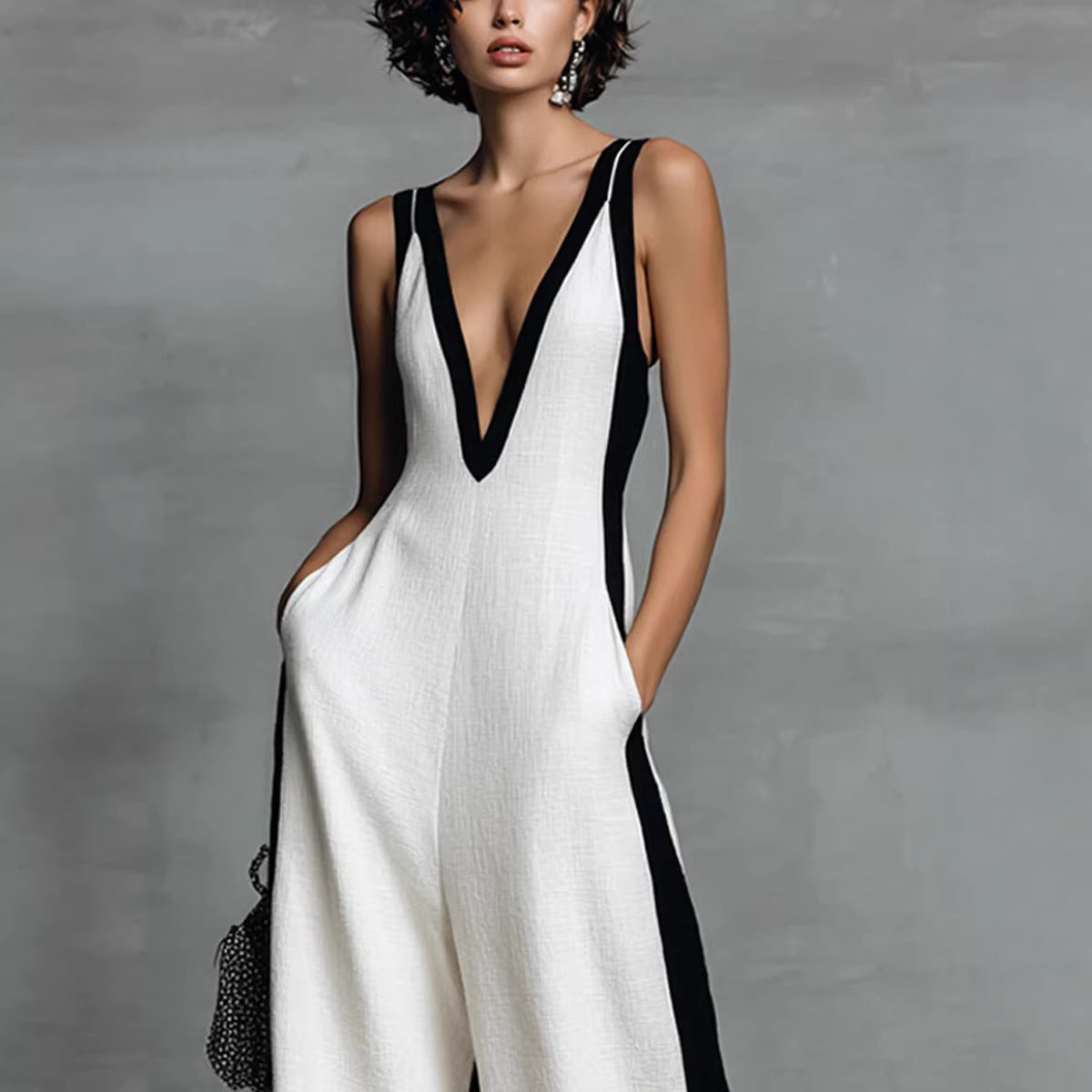 Fashion Color-block Sleeveless V-neck Wide-leg Jumpsuit for Women 
