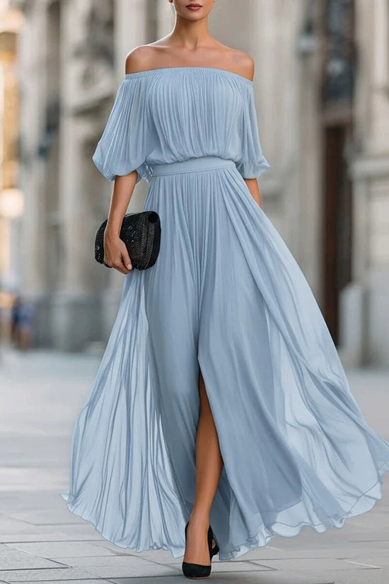 New Black Chiffon Maxi Dress with Split, One-Shoulder Design, Flowing and Draping Skirt 