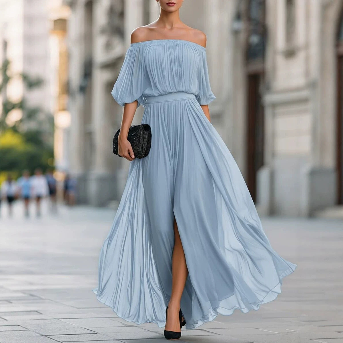New Black Chiffon Maxi Dress with Split, One-Shoulder Design, Flowing and Draping Skirt 