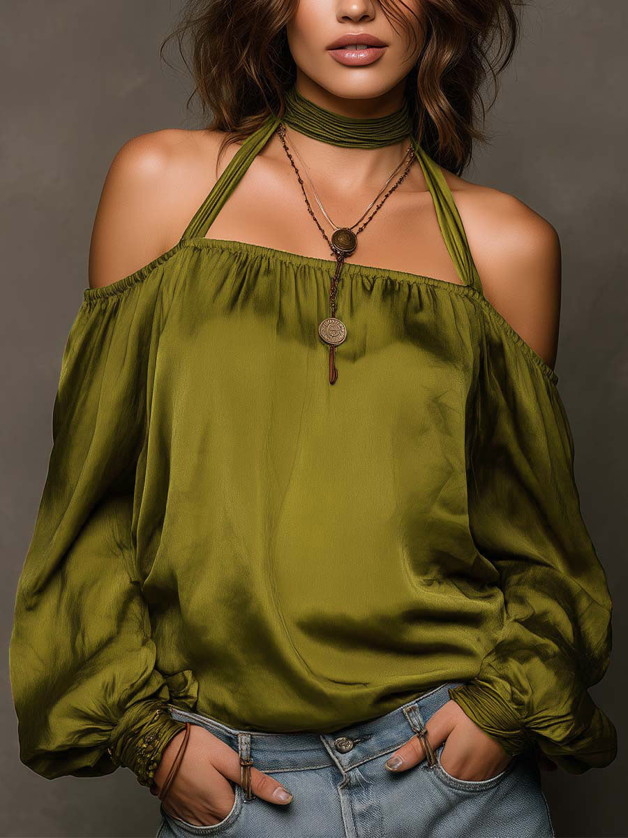Chic Shoulder-Baring Matte Satin Blouse for Women Fashion Top 