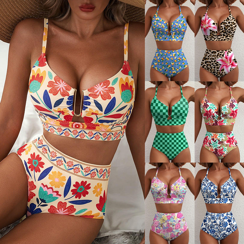 Floral Print High-Waisted U-Line Bikini Set Swimwear for Women 