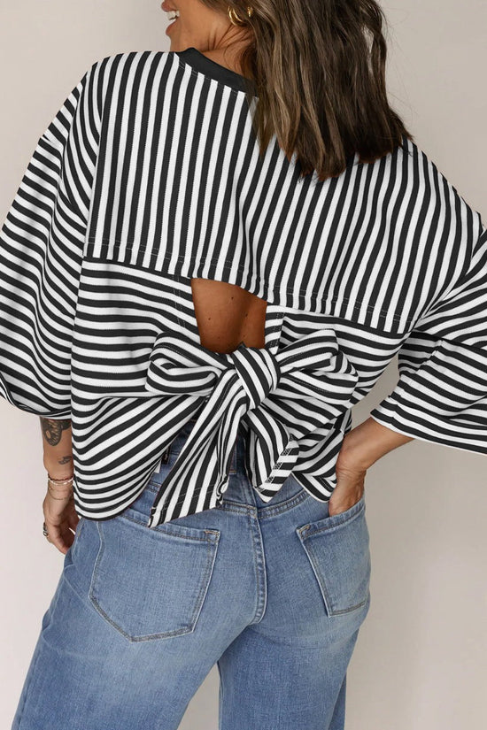 Round neck striped back tie bow pullover top 