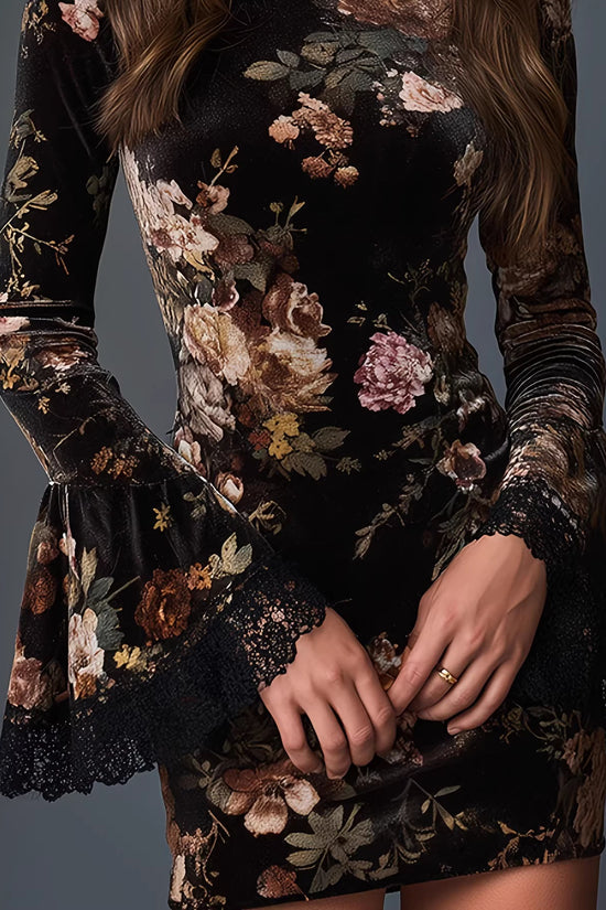 Vintage fashionable floral print lace spliced flared sleeve fitted short dress 