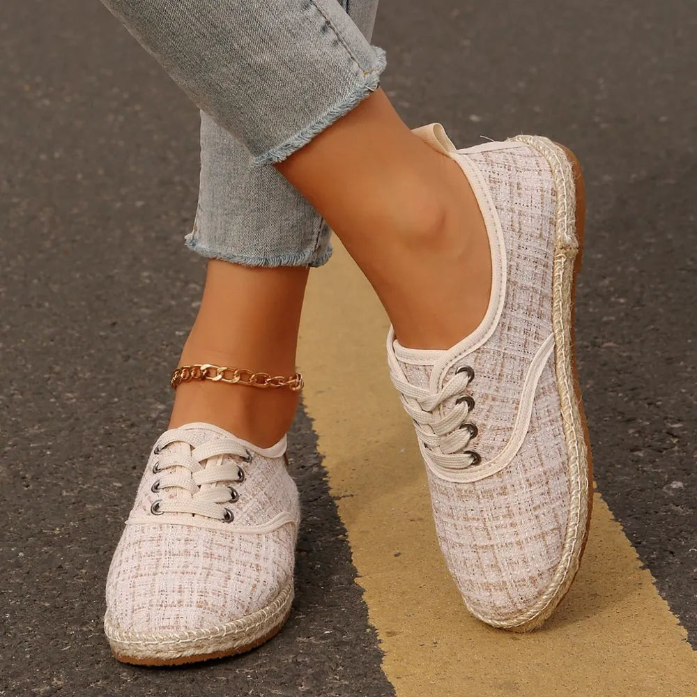 Lace Up Round Toe Flats Tweed Sneakers 