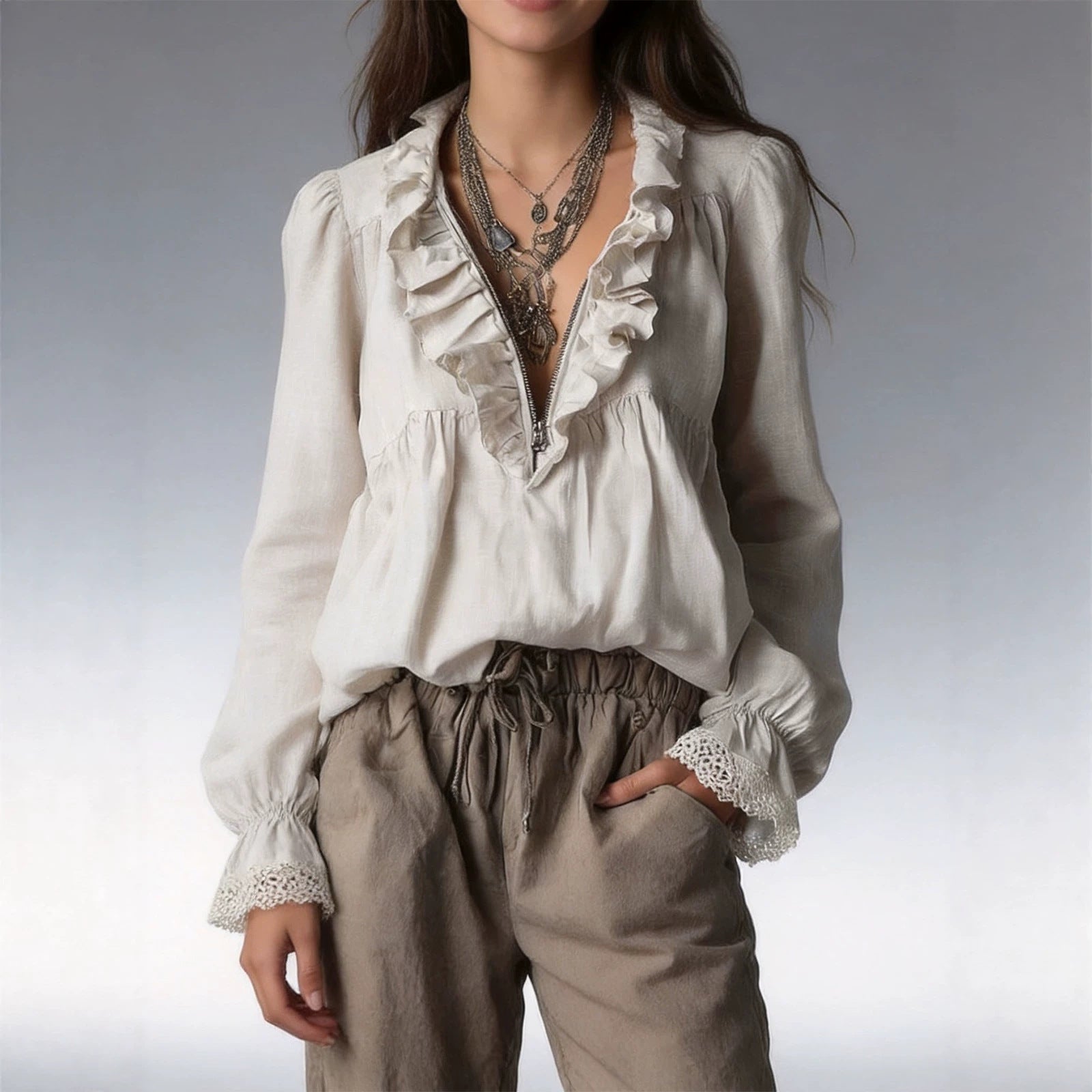 Lotus leaf edge half zipper V-neck lace flared sleeve long sleeved top 